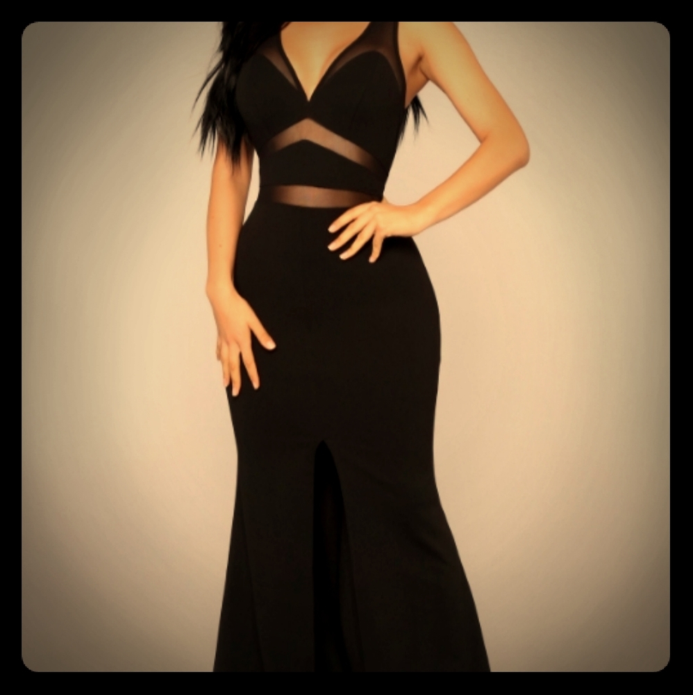 Black mermaid style dress with split in front